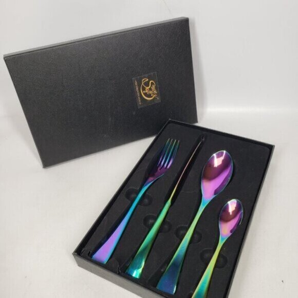 Iridescent Cutlery Four Piece Set in Box New Stainless Steel Rainbow - Picture 3 of 13